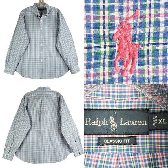 Polo Ralph Lauren Shirt Oxford Button Down Mens Size XL Long Sleeve Blue Plaid - Picture 1 of 10